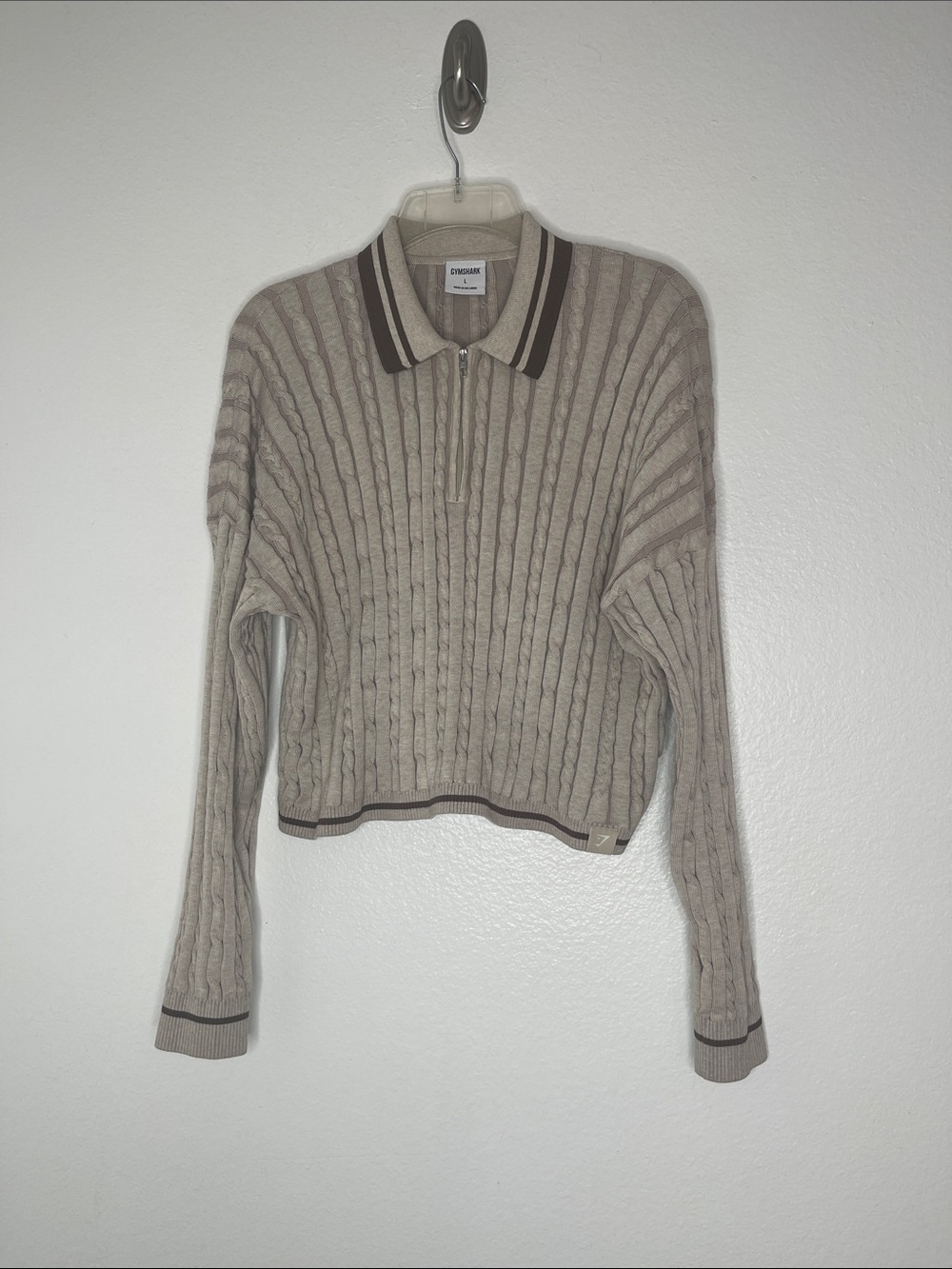 GymShark Rest Day Cable Knit Pullover Quarter Zip Tan Sweater Size Large